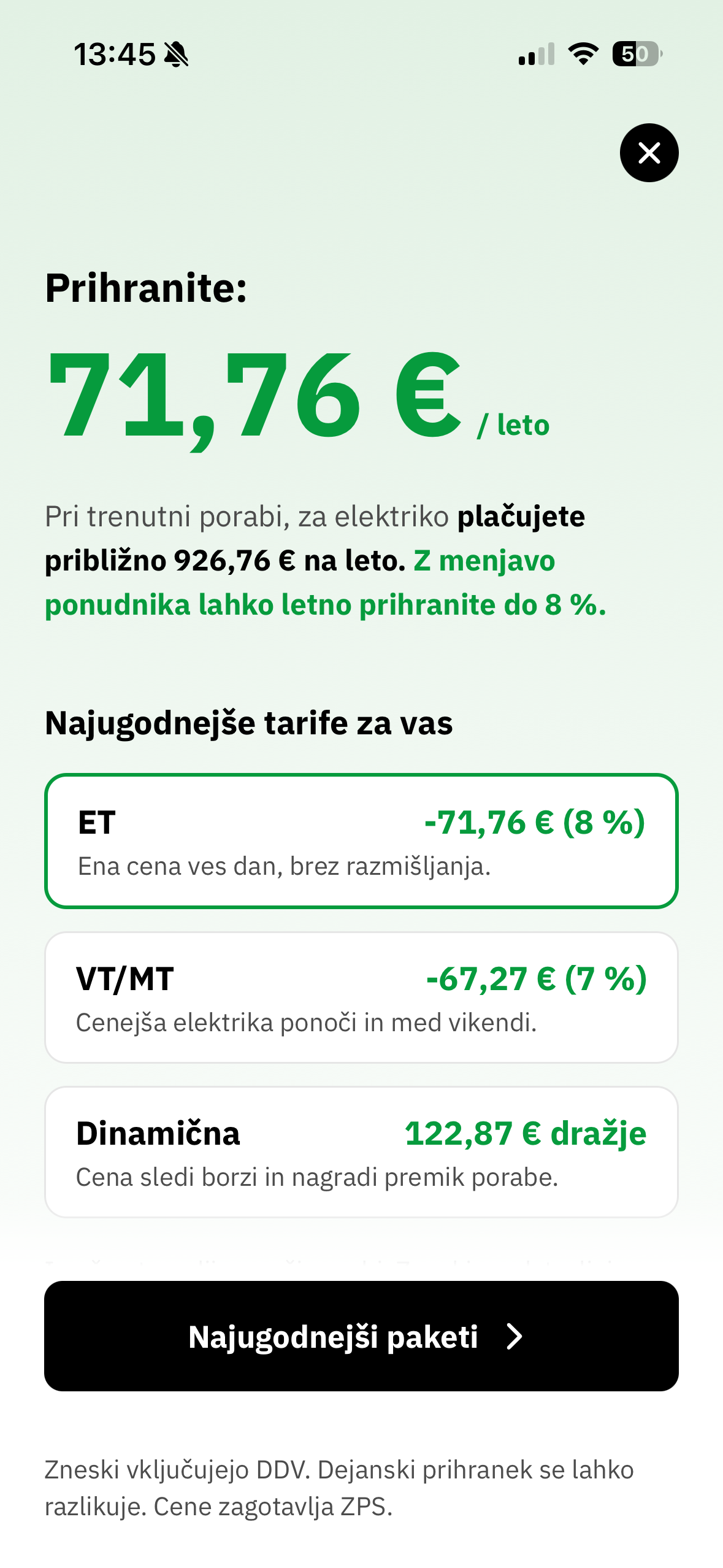 Primerjava dobaviteljev elektrike v aplikaciji Tarifnik