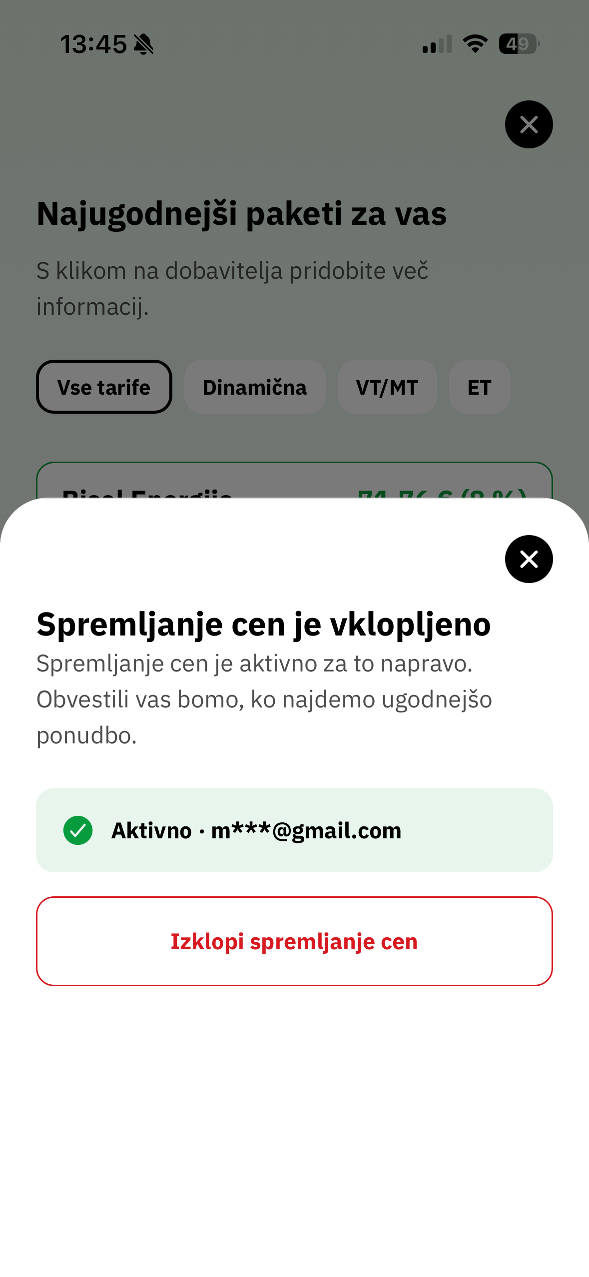 Spremljanje cen je vklopljeno v aplikaciji Tarifnik