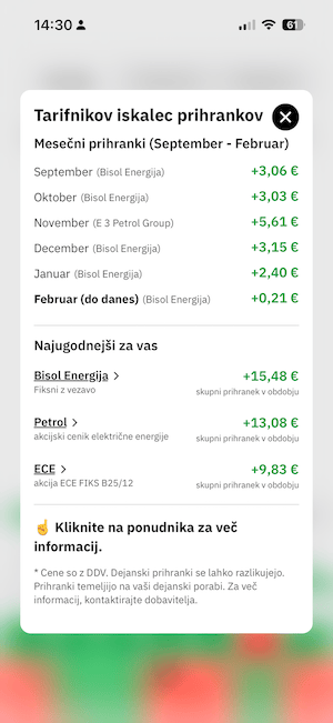 Primerjava dobaviteljev elektrike v aplikaciji Tarifnik