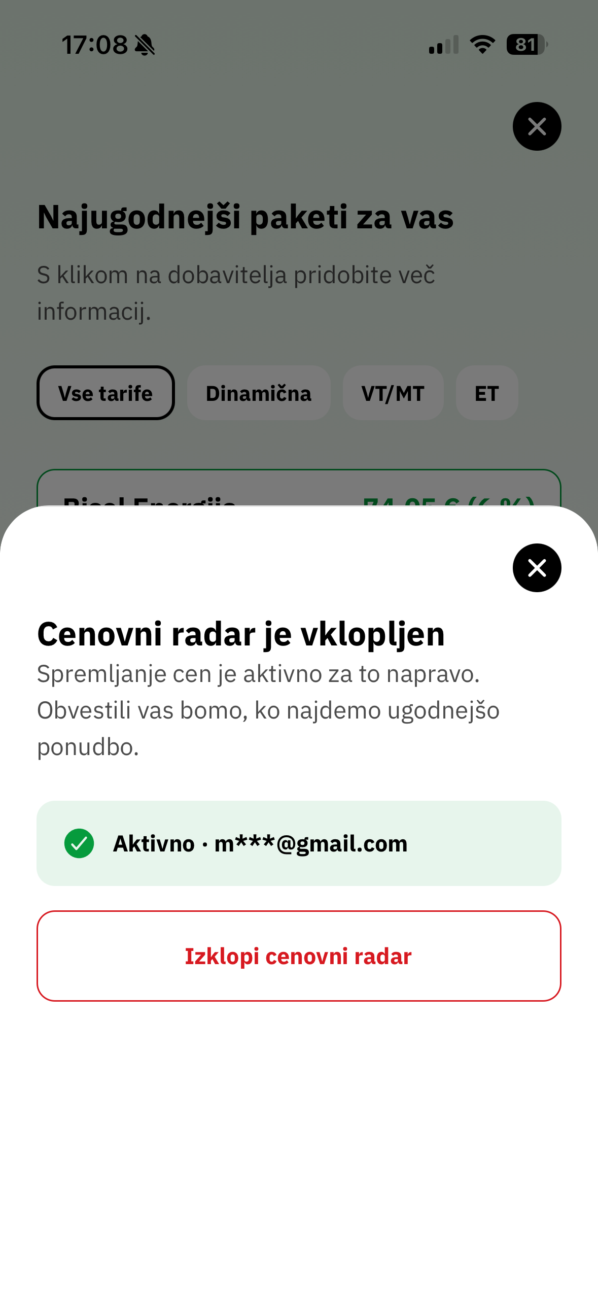 Cenovni radar je vklopljen — obvestilo o spremljanju cen v aplikaciji Tarifnik