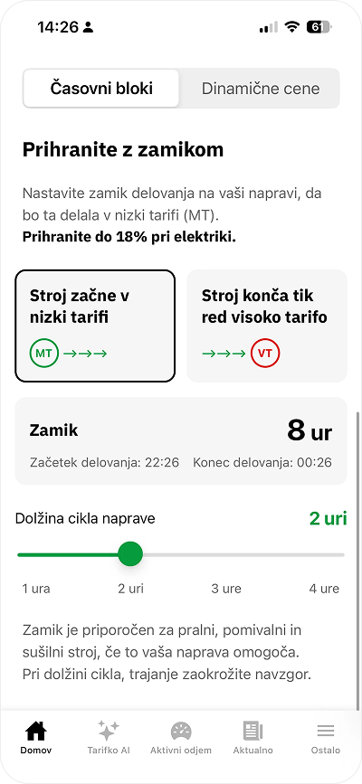 Tarifnik prikazuje VT/MT tarifo in predlog zamika