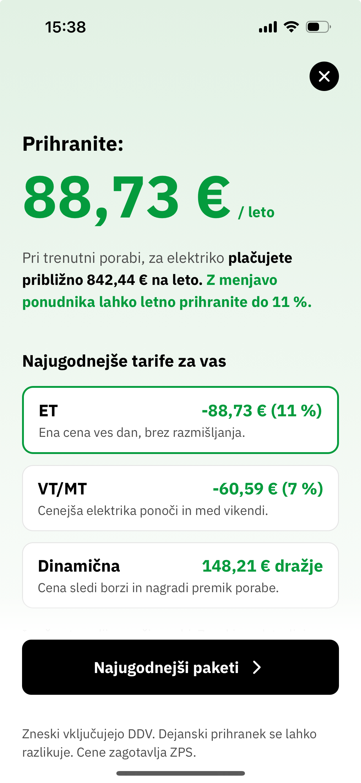 Prikaz letnega prihranka in najugodnejših tarif (ET, VT/MT, dinamična) v aplikaciji Tarifnik