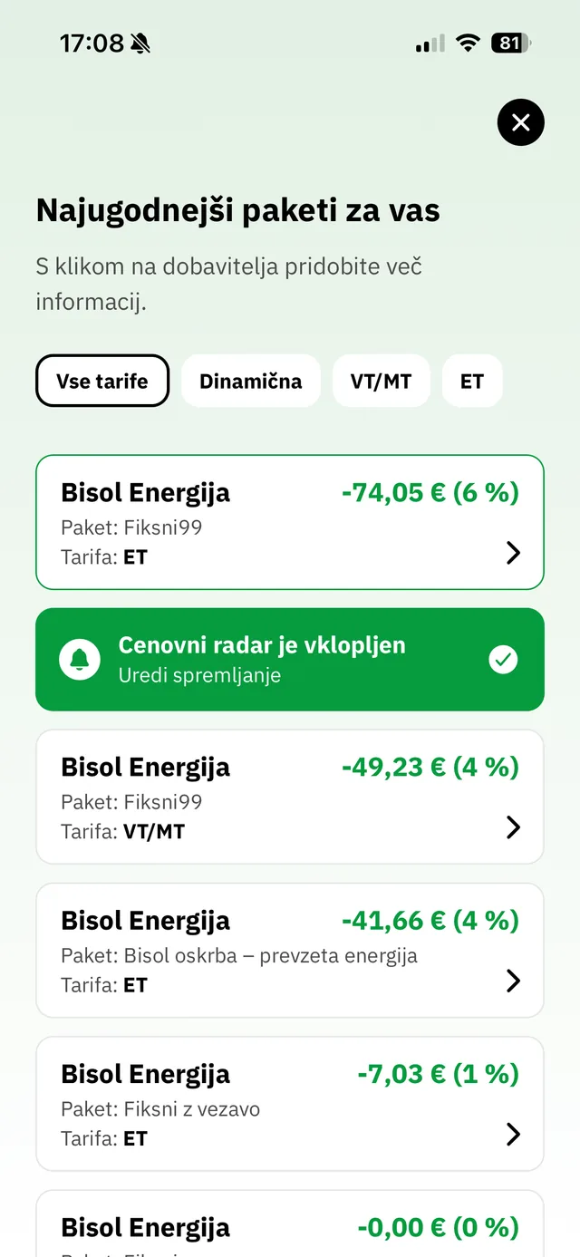 Najugodnejši paketi zate z vklopljenim Cenovnim radarjem v aplikaciji Tarifnik