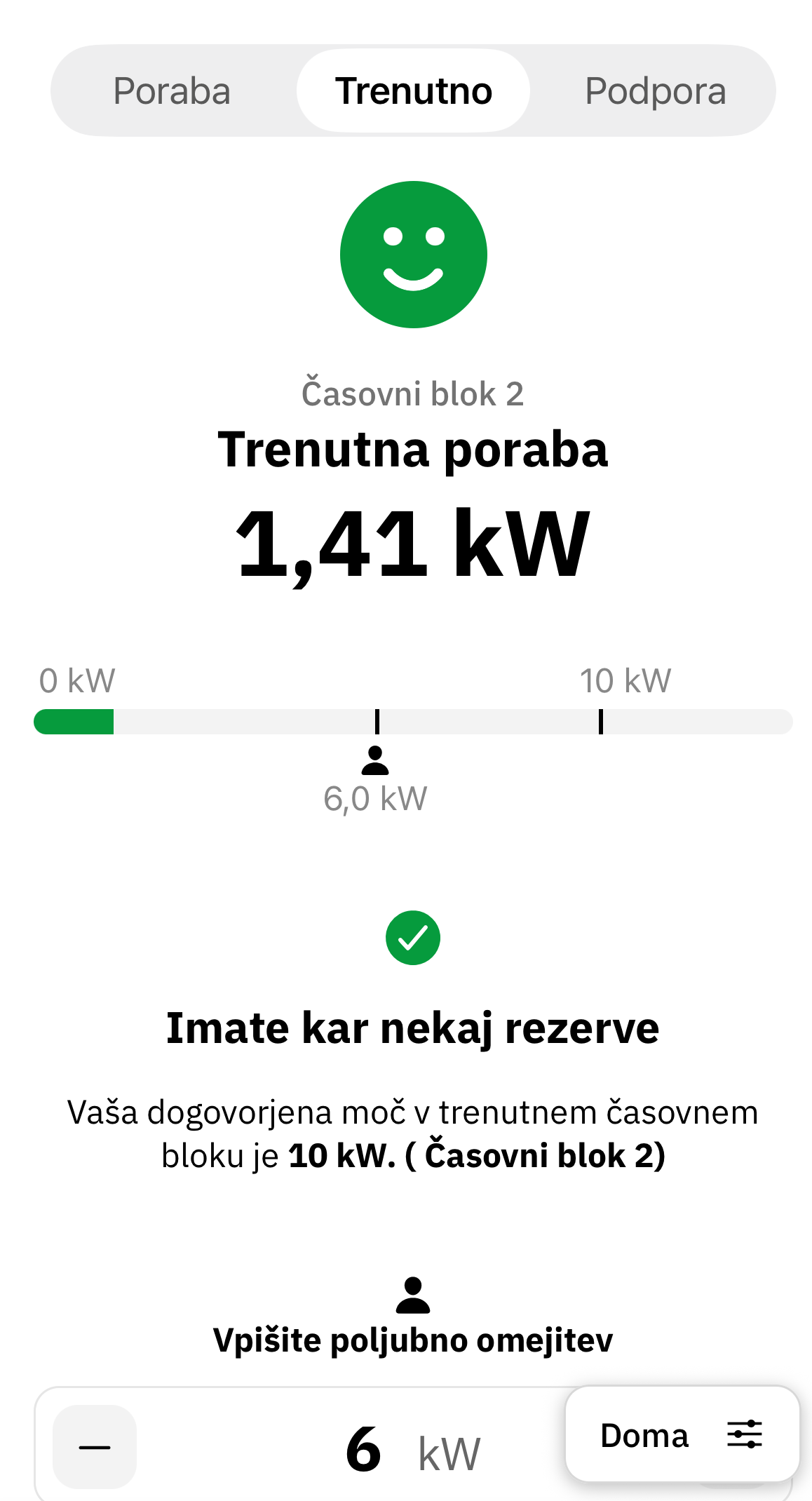 Trenutna poraba in dogovorjena moč v aplikaciji Tarifnik
