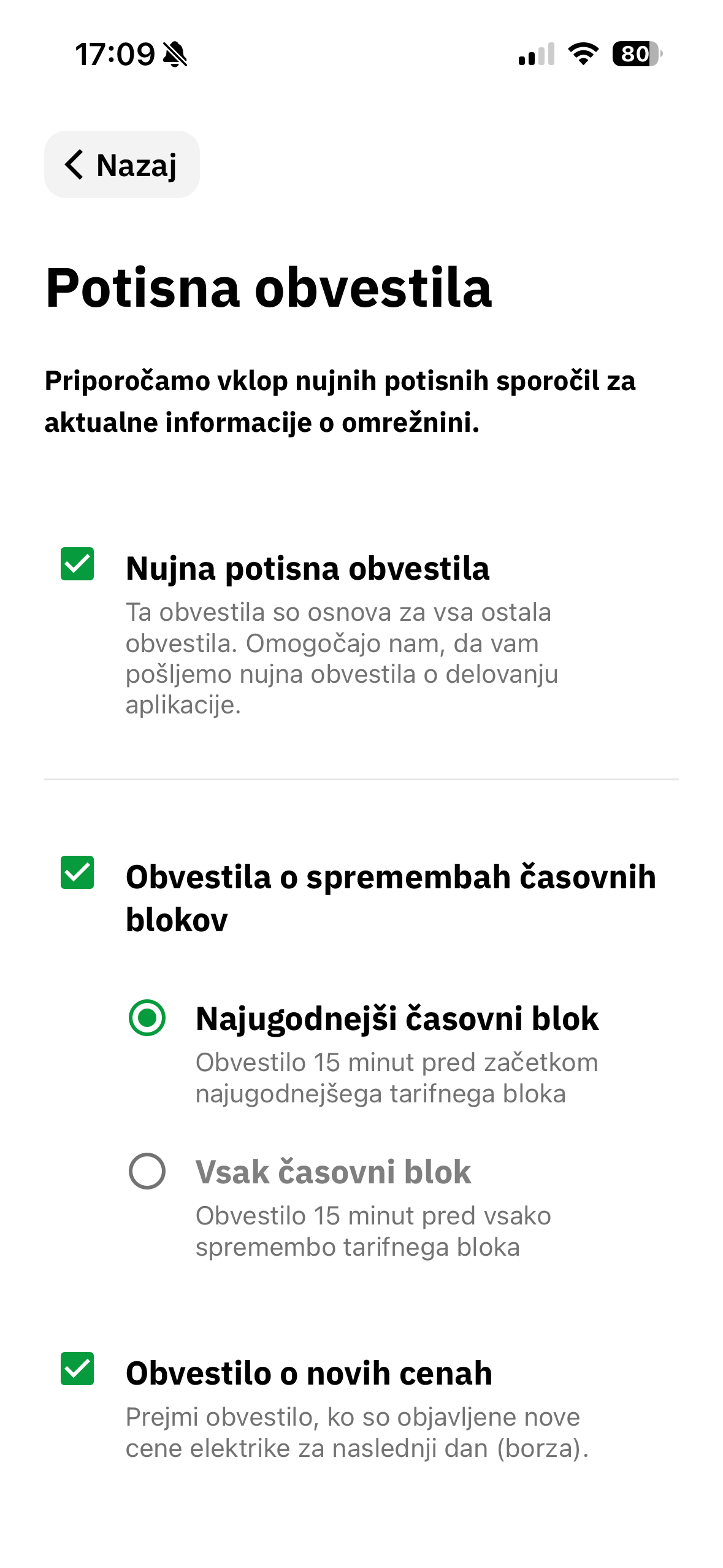 Nastavitve potisnih obvestil v aplikaciji Tarifnik
