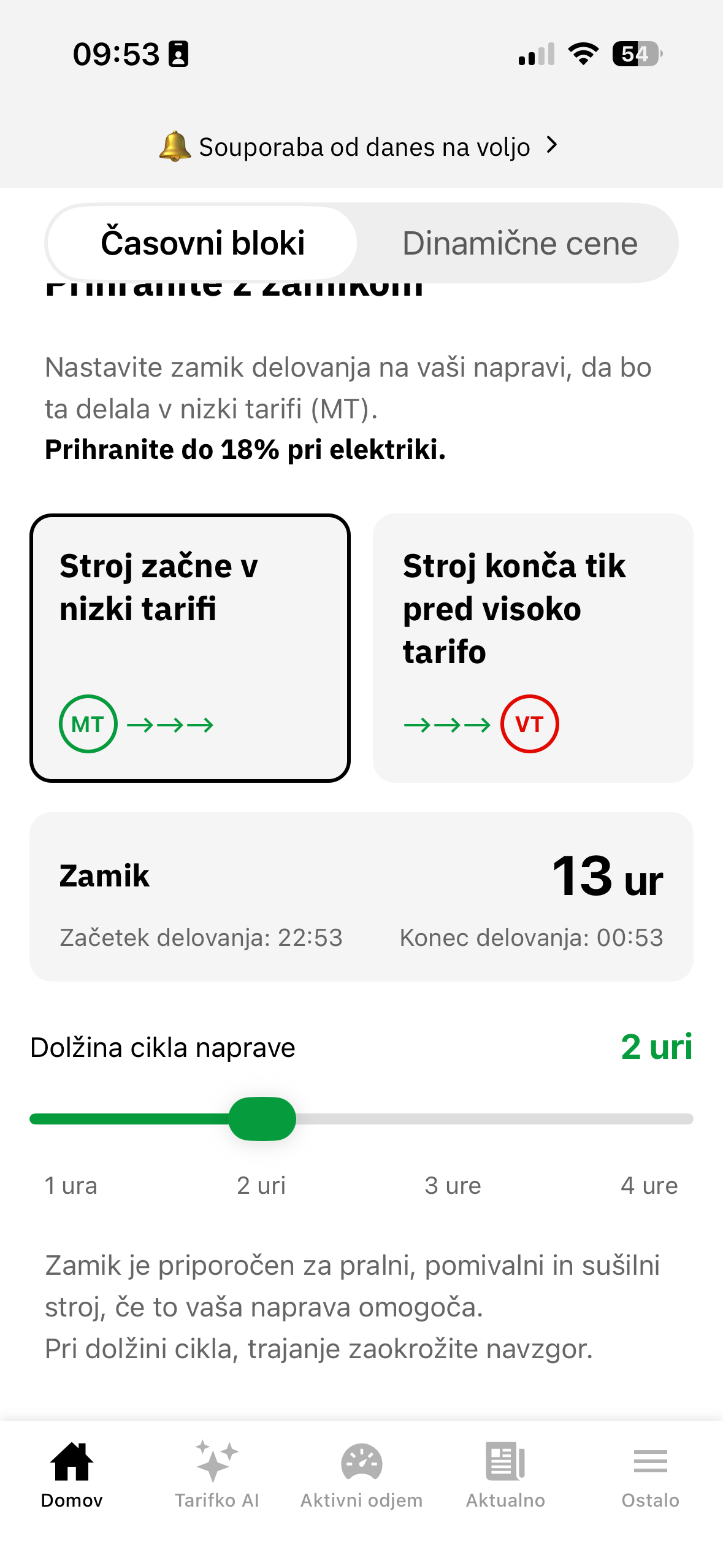 Kalkulator časovnega zamika v aplikaciji Tarifnik