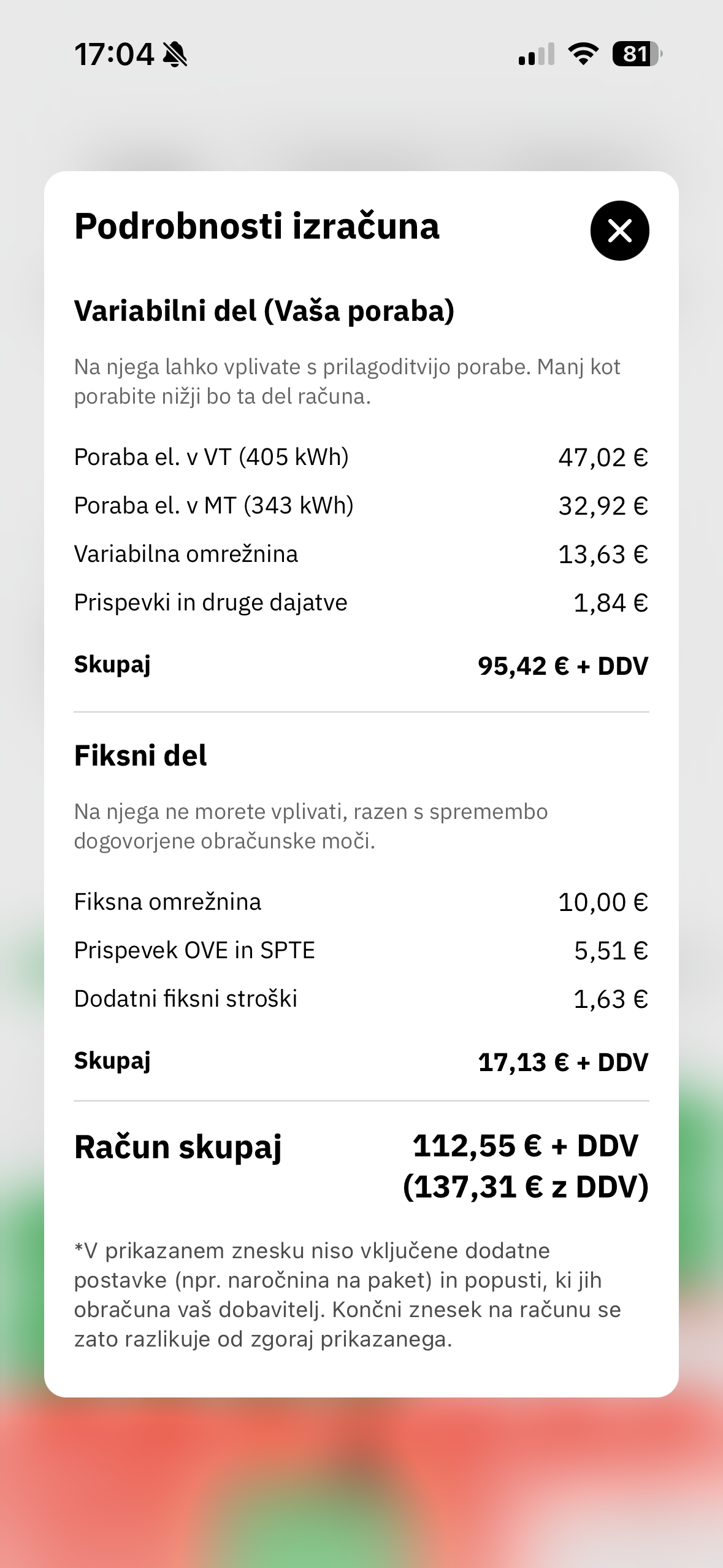 Podrobnosti izračuna računa za elektriko v aplikaciji Tarifnik