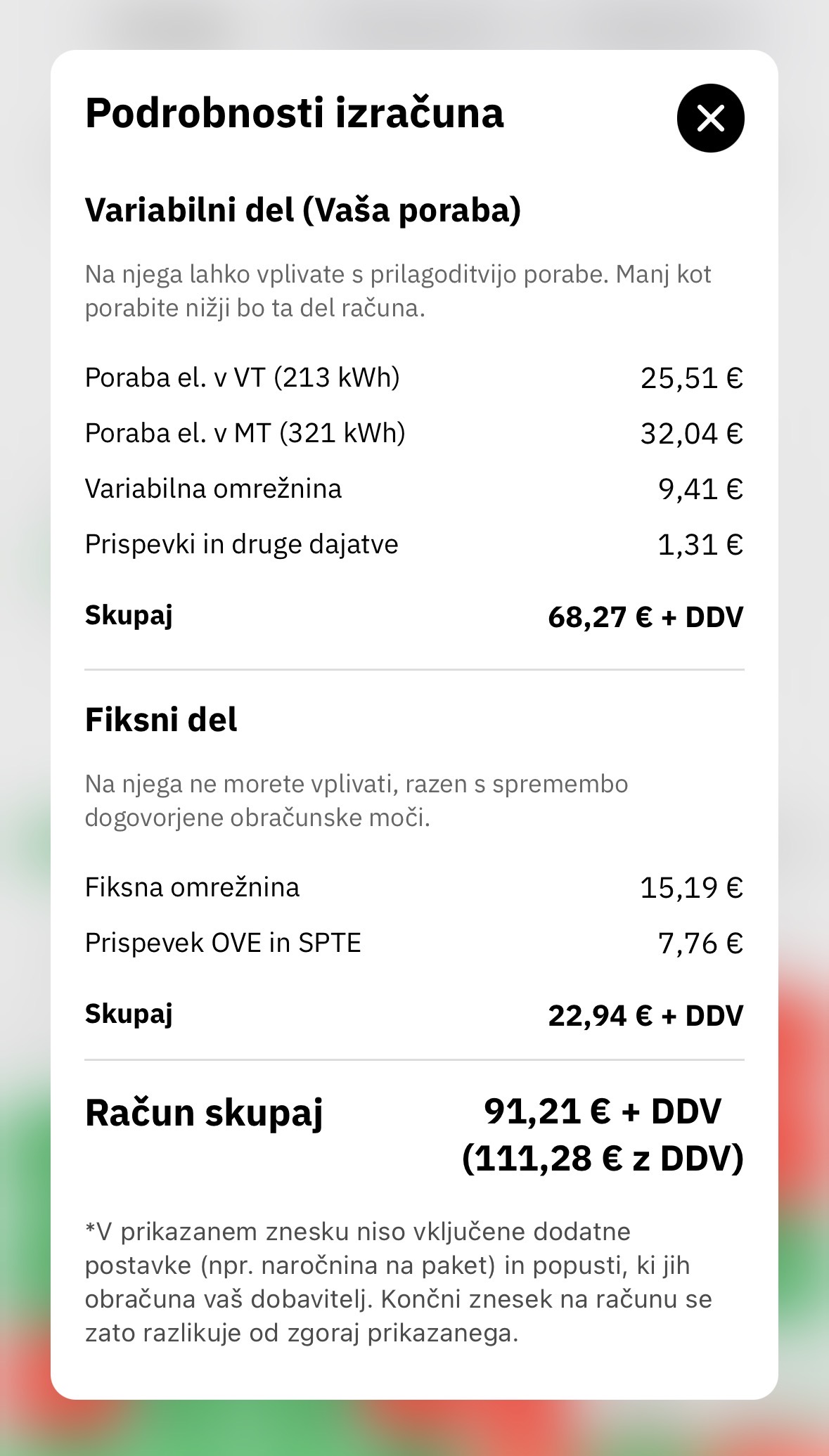 Podrobnosti izračuna računa za elektriko v aplikaciji Tarifnik