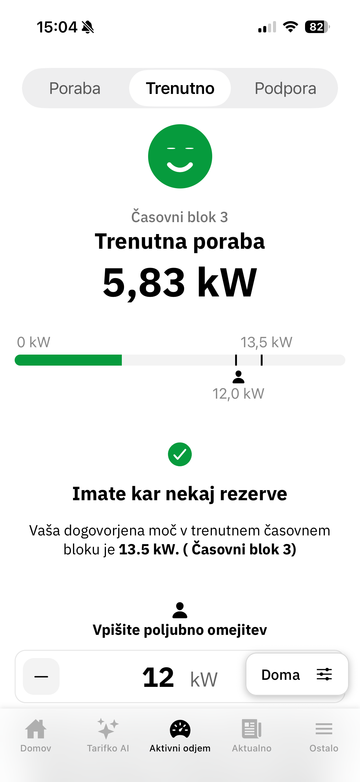 Trenutna poraba in dogovorjena moč v aplikaciji Tarifnik