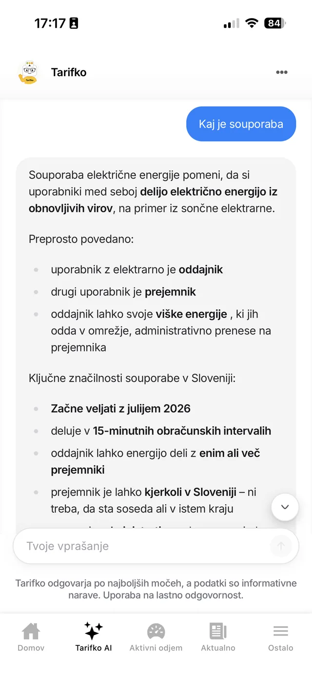 Tarifko AI v aplikaciji Tarifnik