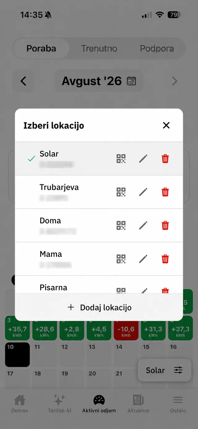 Izbira med več odjemnimi mesti v aplikaciji Tarifnik