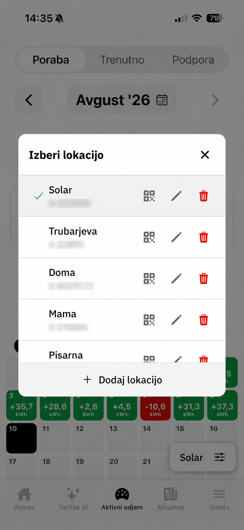 Izbira lokacije med več odjemnimi mesti v aplikaciji Tarifnik